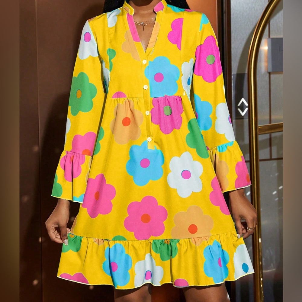 Spring Summer Casual Boho Dress With Floral Print And Notched Neckline Size 4 Sm